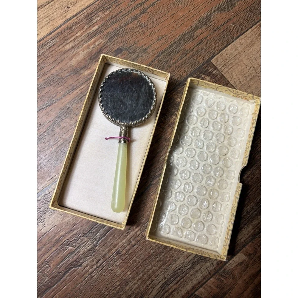 Vanity Hand Mirror 1950's Cinnebar Pagoda & Tree ~ Jade Handle - VTG Mid-century